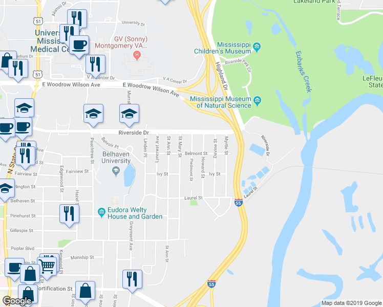 map of restaurants, bars, coffee shops, grocery stores, and more near 1899 Belmont Street in Jackson