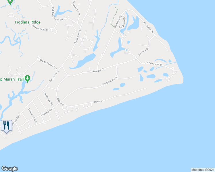 map of restaurants, bars, coffee shops, grocery stores, and more near 669 Dolphin Road in Fripp Island
