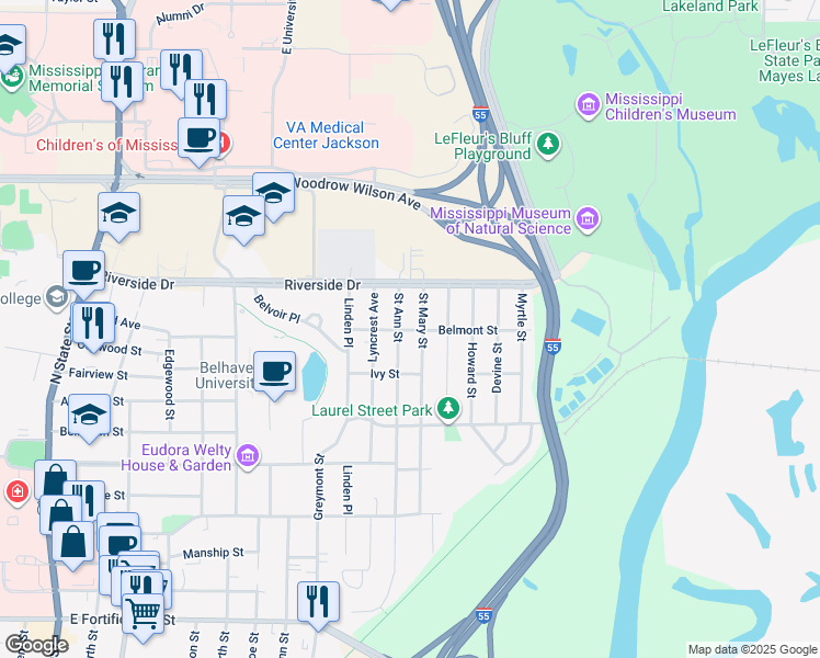 map of restaurants, bars, coffee shops, grocery stores, and more near 1800 Belmont Street in Jackson