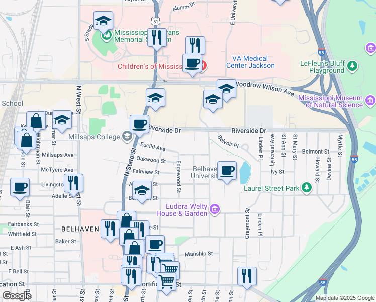map of restaurants, bars, coffee shops, grocery stores, and more near 932 Euclid Avenue in Jackson