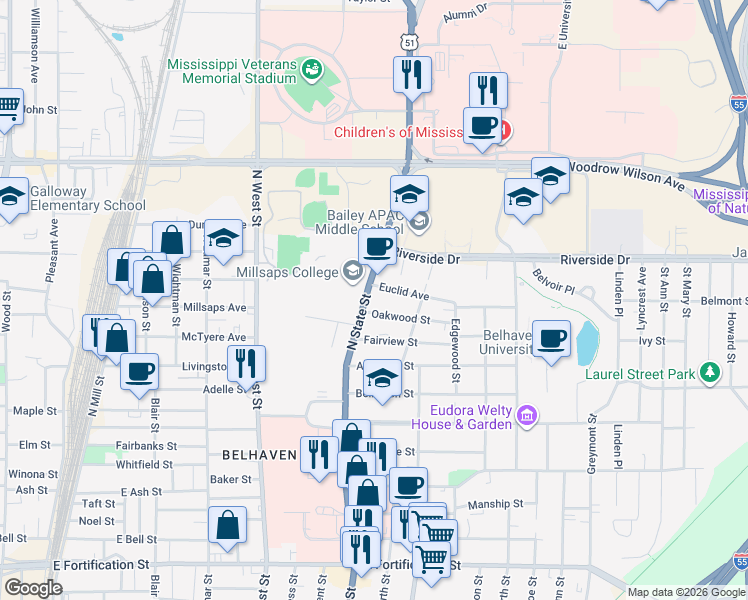map of restaurants, bars, coffee shops, grocery stores, and more near in Jackson