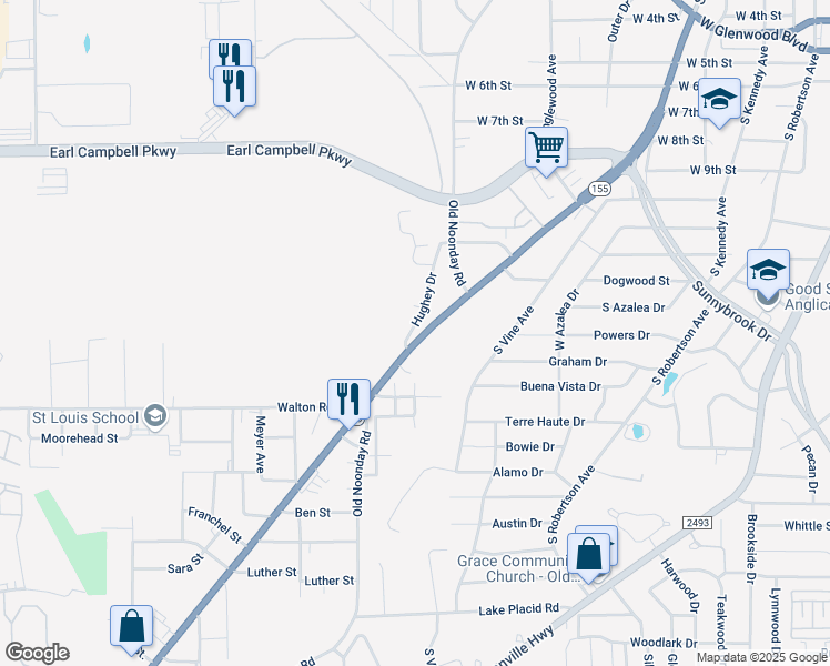 map of restaurants, bars, coffee shops, grocery stores, and more near 2512 Old Noonday Road in Tyler