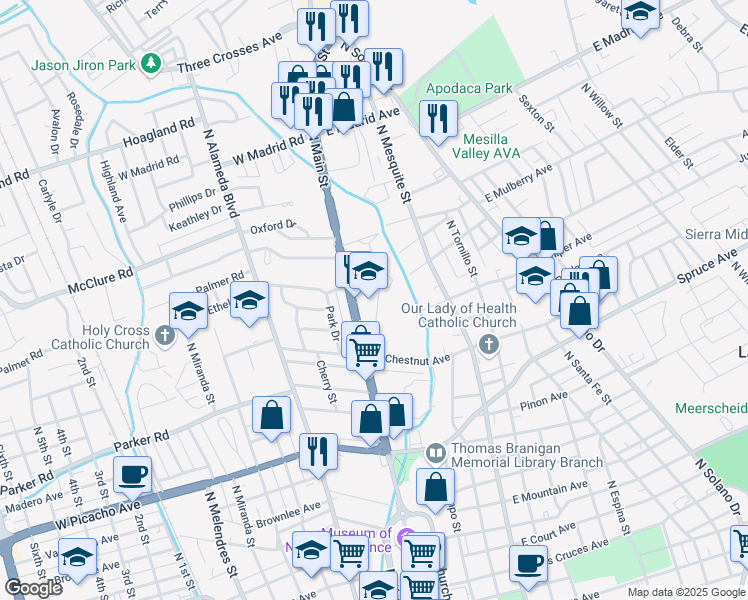 map of restaurants, bars, coffee shops, grocery stores, and more near 1480 North Main Street in Las Cruces