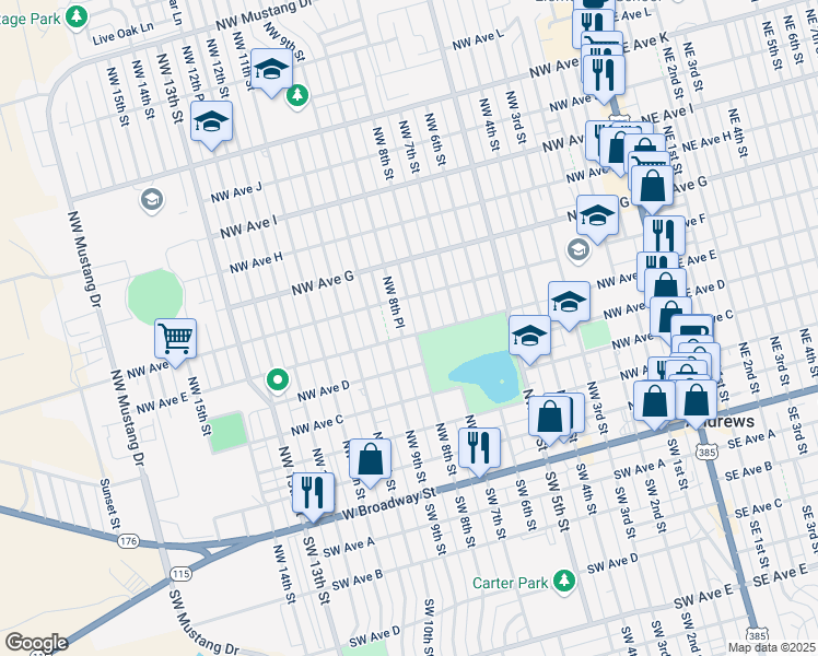 map of restaurants, bars, coffee shops, grocery stores, and more near 604 Northwest 8th Place in Andrews