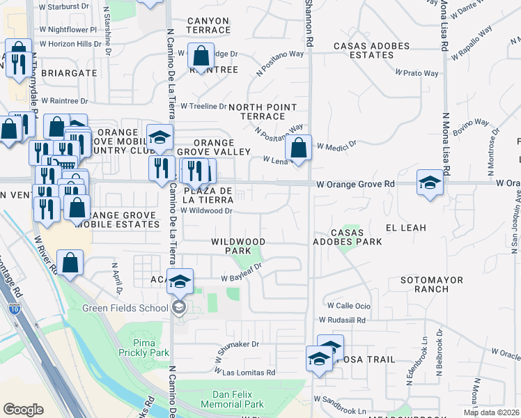 map of restaurants, bars, coffee shops, grocery stores, and more near 3043 West Basil Place in Tucson