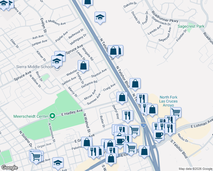 map of restaurants, bars, coffee shops, grocery stores, and more near 1006 Craig Court in Las Cruces