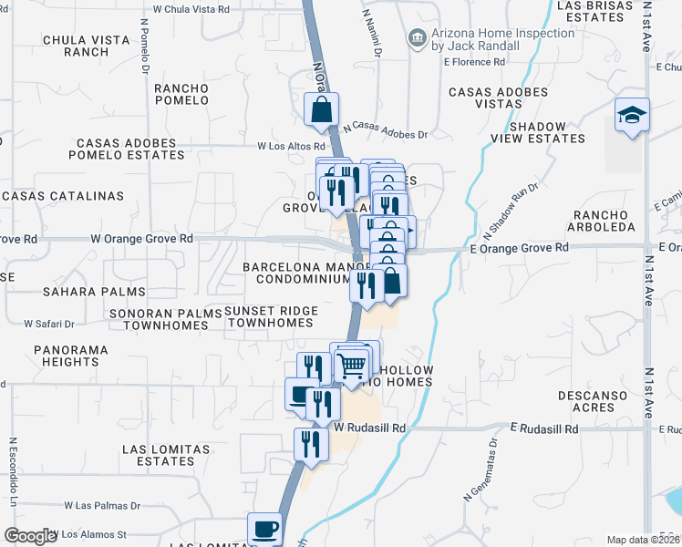 map of restaurants, bars, coffee shops, grocery stores, and more near 401 West Orange Grove Road in Tucson