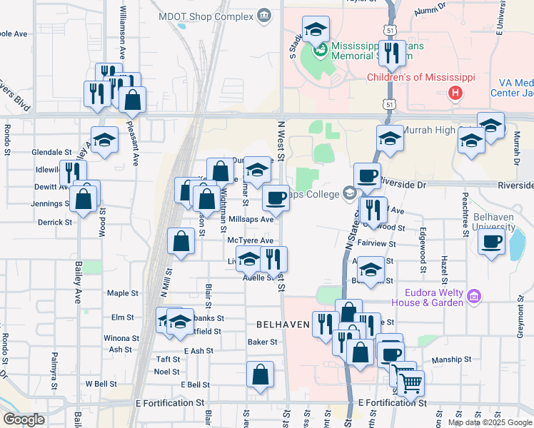 map of restaurants, bars, coffee shops, grocery stores, and more near 338 Millsaps Avenue in Jackson