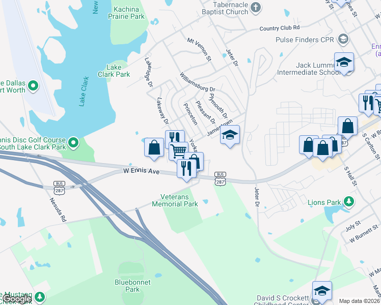 map of restaurants, bars, coffee shops, grocery stores, and more near 2500 Yorkstown Drive in Ennis