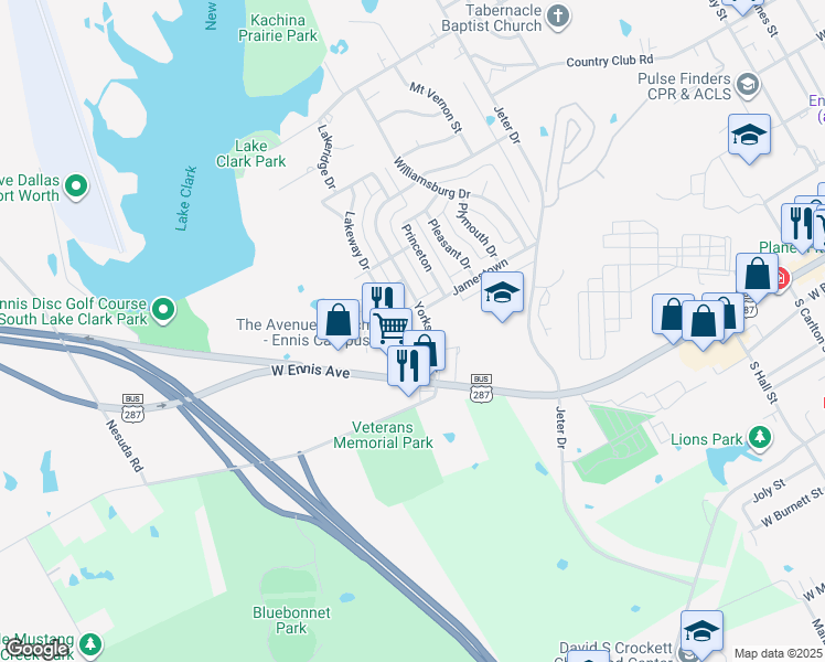 map of restaurants, bars, coffee shops, grocery stores, and more near 2500 Yorkstown Drive in Ennis