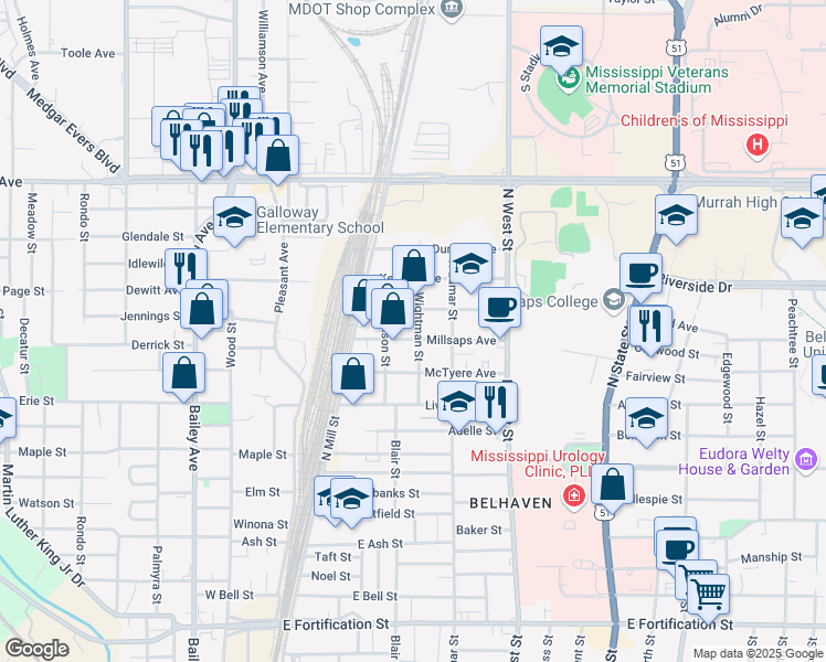 map of restaurants, bars, coffee shops, grocery stores, and more near 162 Millsaps Ave in Jackson