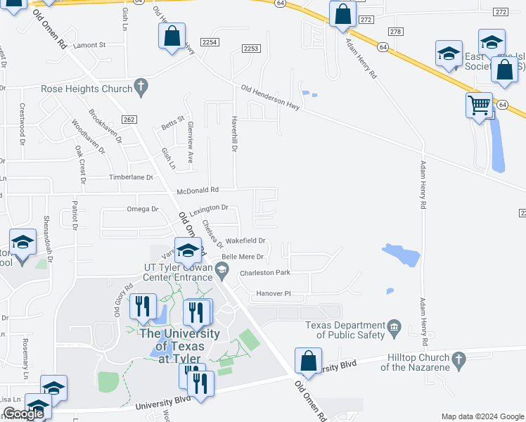 map of restaurants, bars, coffee shops, grocery stores, and more near 3964 Duchess Drive in Tyler