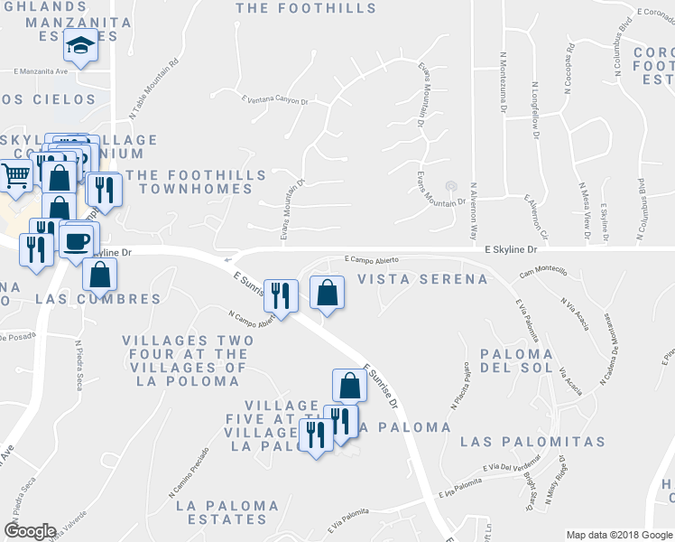map of restaurants, bars, coffee shops, grocery stores, and more near 6379 North Vuelta Tajo in Tucson