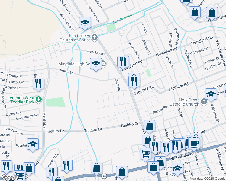 map of restaurants, bars, coffee shops, grocery stores, and more near 1550 Mayfield Road in Las Cruces