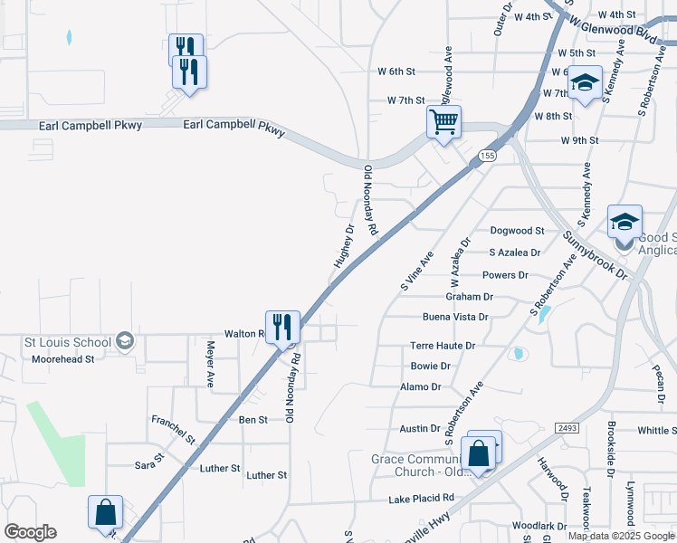 map of restaurants, bars, coffee shops, grocery stores, and more near 2512 Old Noonday Road in Tyler
