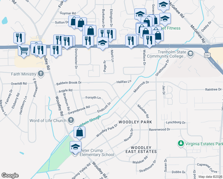 map of restaurants, bars, coffee shops, grocery stores, and more near 2770 Baldwin Brook Drive in Montgomery
