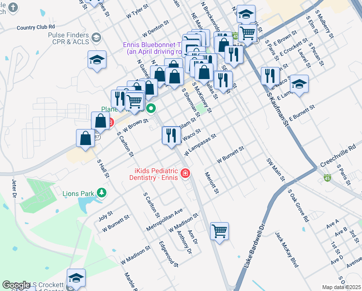 map of restaurants, bars, coffee shops, grocery stores, and more near 605 West Waco Street in Ennis