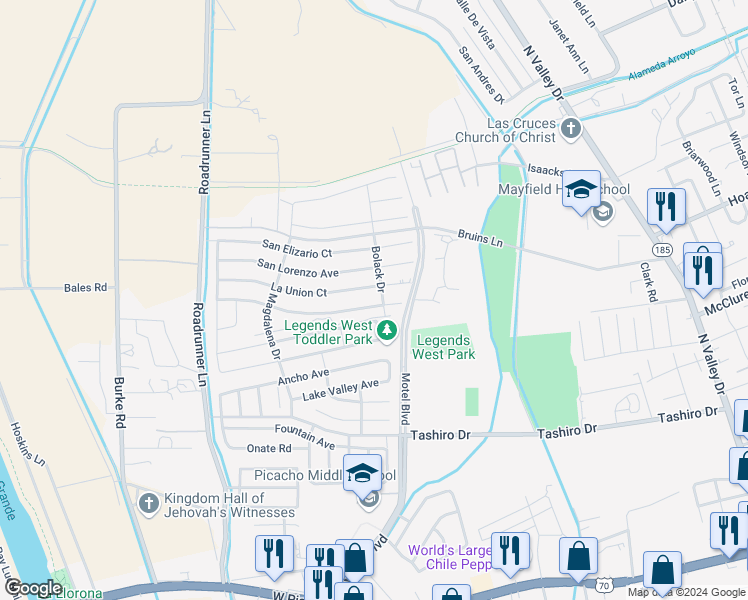 map of restaurants, bars, coffee shops, grocery stores, and more near 2846 San Miguel Court in Las Cruces