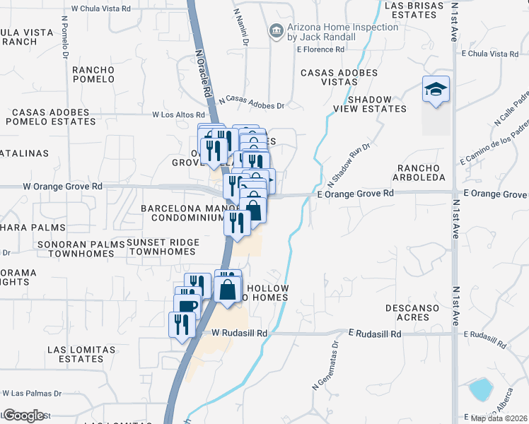 map of restaurants, bars, coffee shops, grocery stores, and more near 1 West Orange Grove Road in Tucson