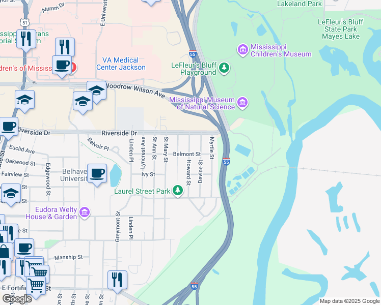map of restaurants, bars, coffee shops, grocery stores, and more near 1803 Howard Street in Jackson