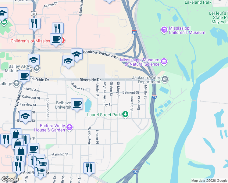 map of restaurants, bars, coffee shops, grocery stores, and more near 1620 Belmont Street in Jackson