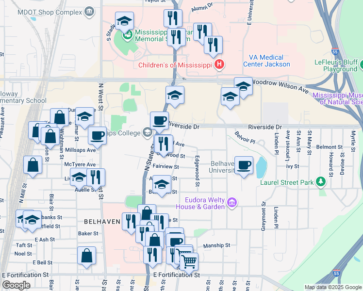 map of restaurants, bars, coffee shops, grocery stores, and more near 755 Euclid Avenue in Jackson
