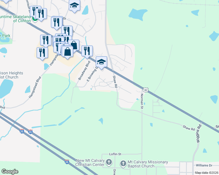 map of restaurants, bars, coffee shops, grocery stores, and more near 5551 Shaw Road in Jackson