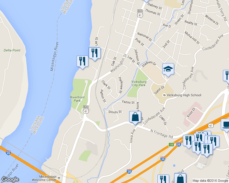 map of restaurants, bars, coffee shops, grocery stores, and more near 824 Queen Street in Vicksburg