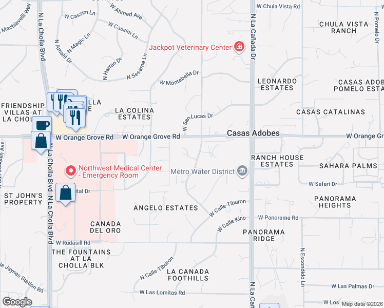 map of restaurants, bars, coffee shops, grocery stores, and more near 6337 North Pomona Road in Tucson