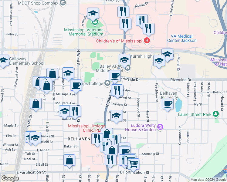 map of restaurants, bars, coffee shops, grocery stores, and more near 1710 North State Street in Jackson