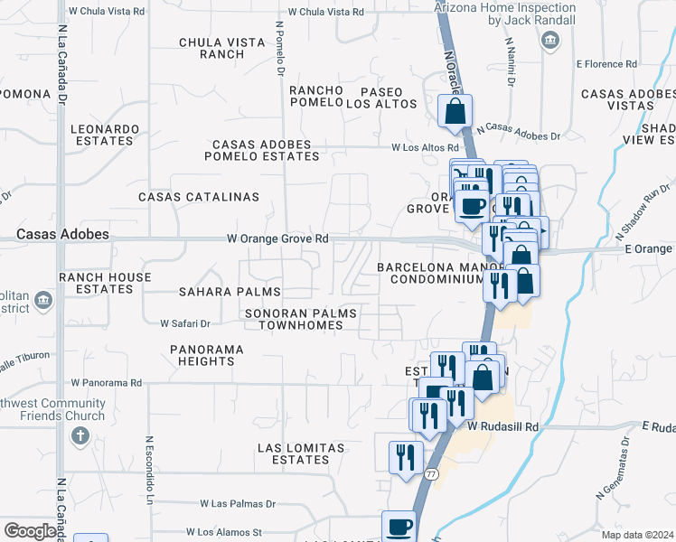 map of restaurants, bars, coffee shops, grocery stores, and more near 6332 North Willowbrook Drive in Tucson