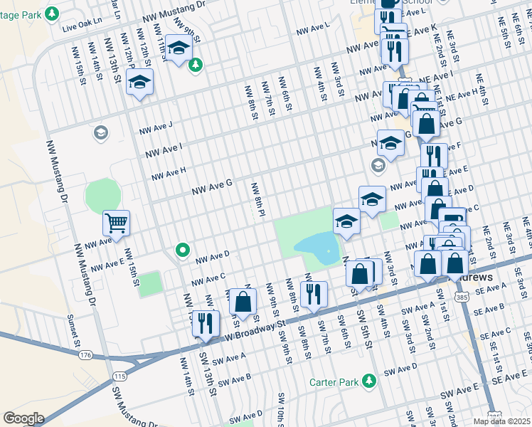 map of restaurants, bars, coffee shops, grocery stores, and more near 604 Northwest 8th Place in Andrews