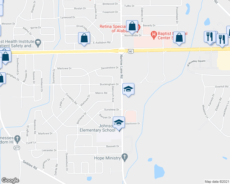 map of restaurants, bars, coffee shops, grocery stores, and more near 1423 Bancroft Avenue in Montgomery