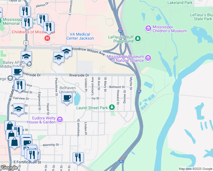 map of restaurants, bars, coffee shops, grocery stores, and more near 1800 Belmont Street in Jackson