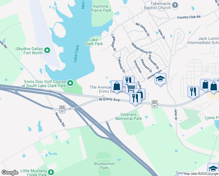 map of restaurants, bars, coffee shops, grocery stores, and more near 2406 West Ennis Avenue in Ennis