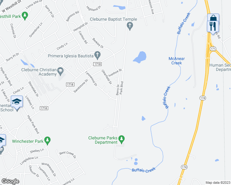 map of restaurants, bars, coffee shops, grocery stores, and more near 1426 Berry Drive in Cleburne