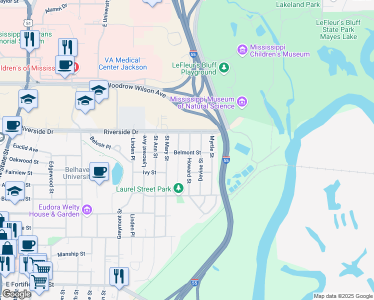 map of restaurants, bars, coffee shops, grocery stores, and more near 1803 Howard Street in Jackson