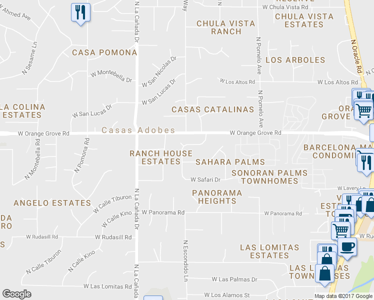 map of restaurants, bars, coffee shops, grocery stores, and more near 6318 North Caravan Lane in Tucson