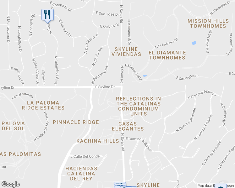 map of restaurants, bars, coffee shops, grocery stores, and more near 6363 North Swan Road in Tucson