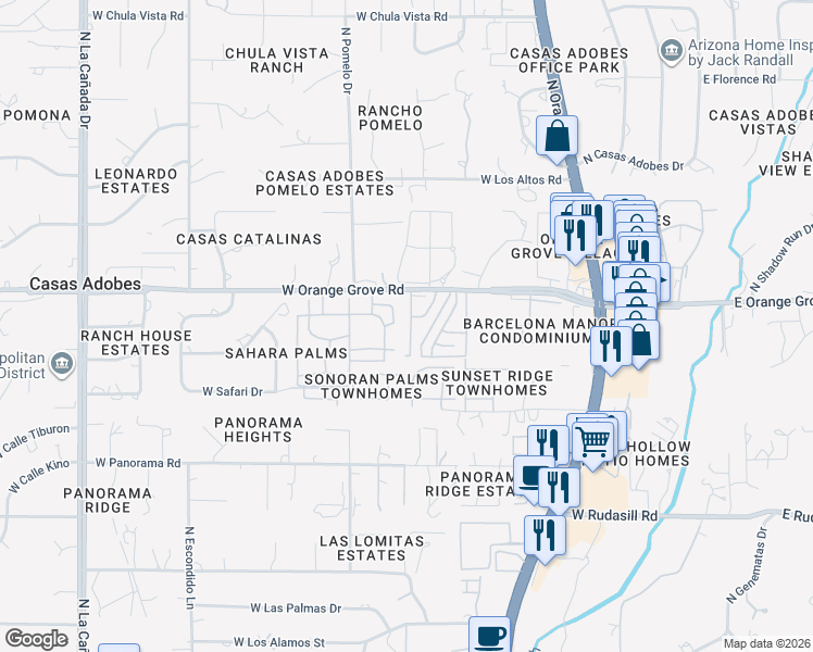 map of restaurants, bars, coffee shops, grocery stores, and more near 6336 North Willowbrook Drive in Tucson