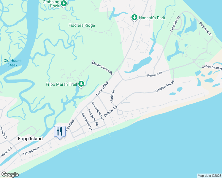 map of restaurants, bars, coffee shops, grocery stores, and more near 717 Marlin Drive in Fripp Island