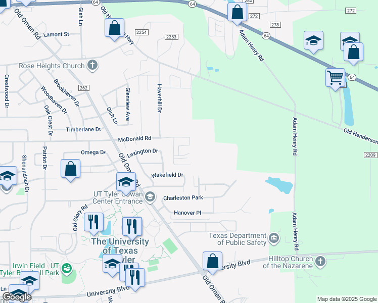 map of restaurants, bars, coffee shops, grocery stores, and more near 3992 Duchess Drive in Tyler