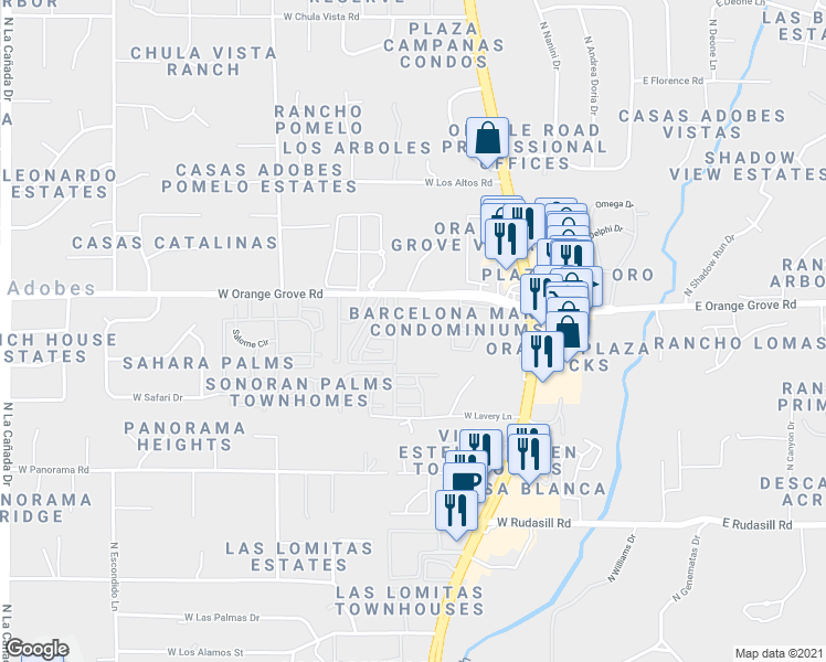 map of restaurants, bars, coffee shops, grocery stores, and more near 659 West Orange Grove Road in Tucson