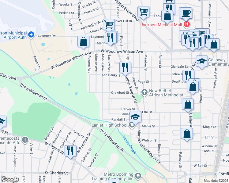 map of restaurants, bars, coffee shops, grocery stores, and more near 2102 Ludlow Avenue in Jackson