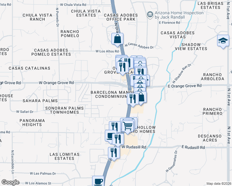 map of restaurants, bars, coffee shops, grocery stores, and more near 401 West Orange Grove Road in Tucson