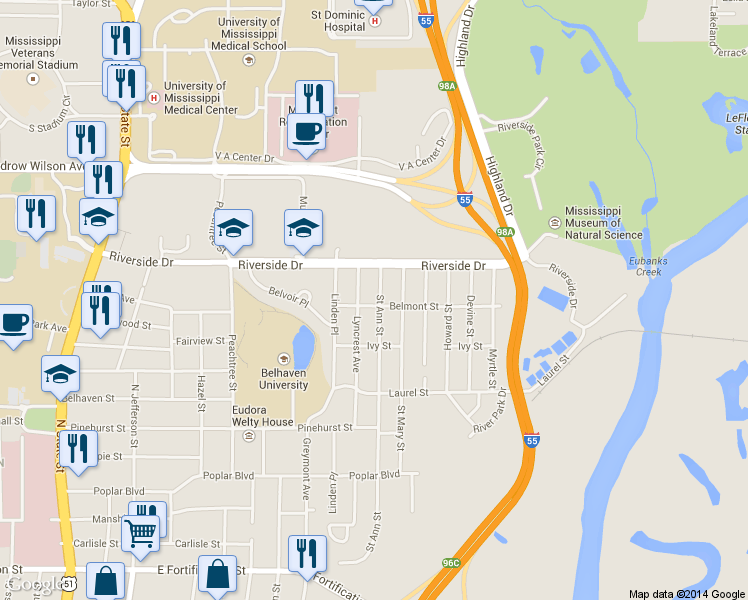 map of restaurants, bars, coffee shops, grocery stores, and more near 1620 Belmont St in Jackson