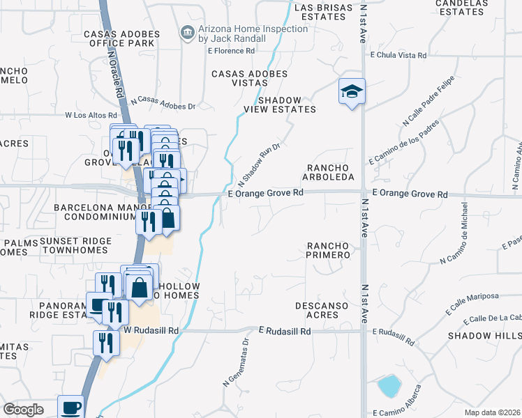 map of restaurants, bars, coffee shops, grocery stores, and more near 6360 Camino De Cabaluna in Tucson
