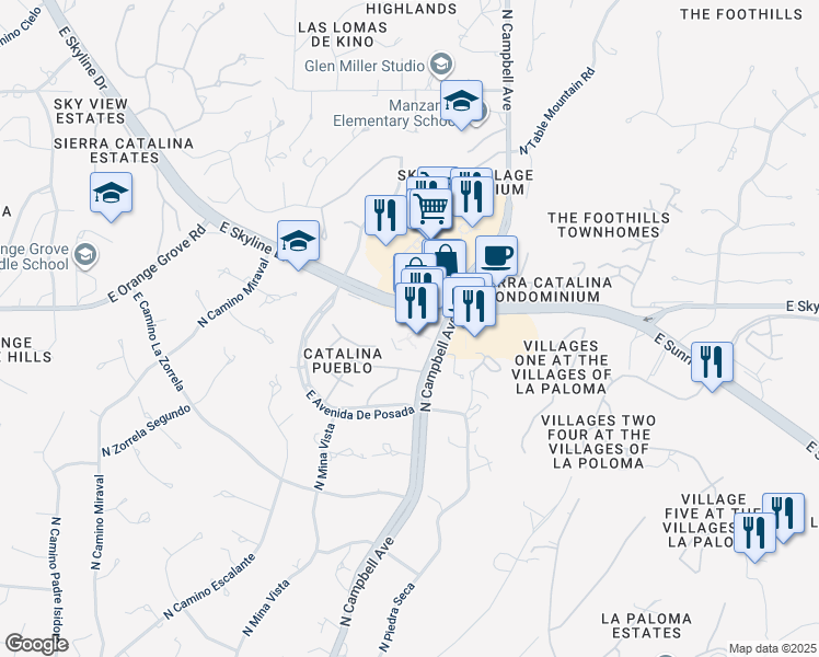 map of restaurants, bars, coffee shops, grocery stores, and more near 2840 East Skyline Drive in Tucson