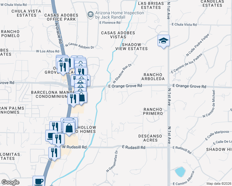 map of restaurants, bars, coffee shops, grocery stores, and more near 114 East Calle Zavala in Tucson