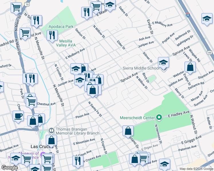 map of restaurants, bars, coffee shops, grocery stores, and more near 1315 Wade Street in Las Cruces